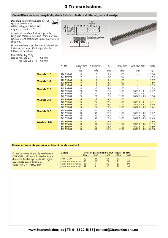 Crémaillère acier inoxydable denture droite_1
