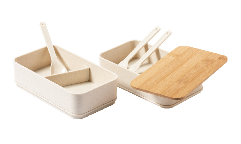 Boîte lunch en plastique PP - couvercle bambou - 2 compartiments de 700 ml avec set de couverts_1