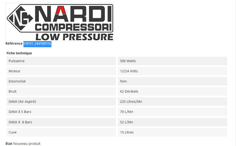 Esp3t_24v50015l compresseur esprit 3 12/24 volts 225 l/mn - nardi compressori france - cuve de 15 l_1