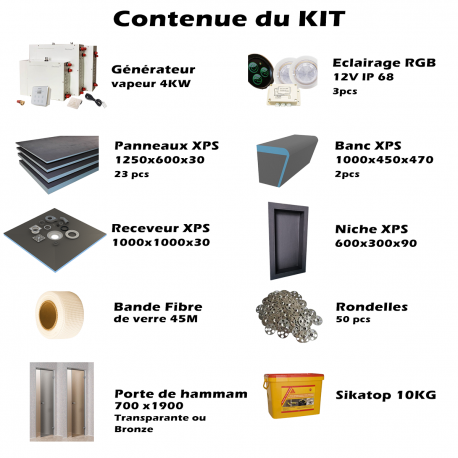 Ensemble cabine de douche hammam à carreler avec bancs et éclairage intégrés