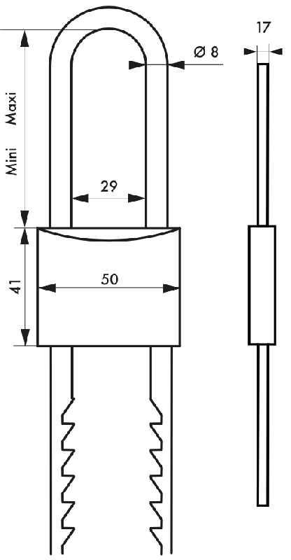 Cadenas à clé avec anse réglable - Corps laiton, anse acier cémenté nickelé - 50 mm - THIRARD_1