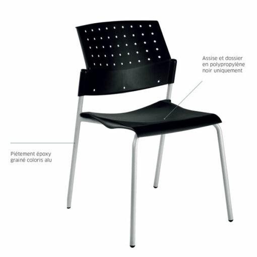 Chaise visiteur empilable neuf - KATE - 4 pieds, structure en acier, assise en polypropylène noir, norme EN 1728_1