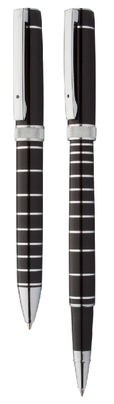 Parure stylo à bille et roller en aluminium - André Philippe - corps brillant et anneaux chromés_1