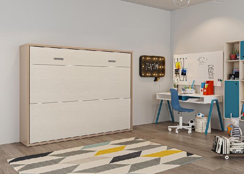Armoire lit escamotable SKYROS 140x200 cm - structure beige et façade crème - ouverture transversale avec sommier à lattes_1