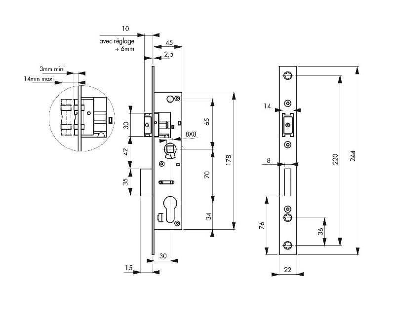 Serrure encastrable pour porte d'entrée - Axe 30 - L 45 - Entr'axe 70 - Réversible - THIRARD_1