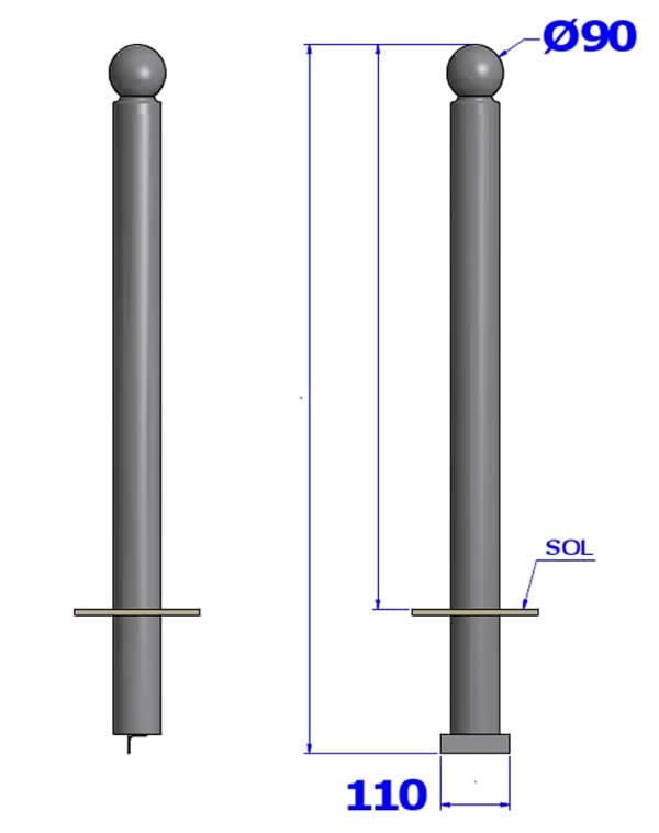 10101 - Potelets fixes - Boule Ø90mm - Hauteur hors-sol 1,03m - Fixe à sceller_1