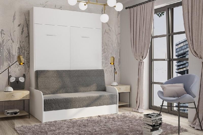 Armoire lit escamotable Dynamo Sofa - Canapé accoudoirs blanc mat et microfibre gris - Couchage 160x200 cm_1