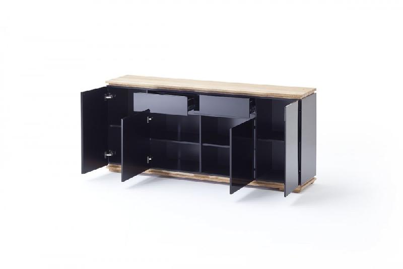 Buffet Charly 4 portes 2 tiroirs - Laqué noir brillant avec plateau et socle en chêne noueux_1