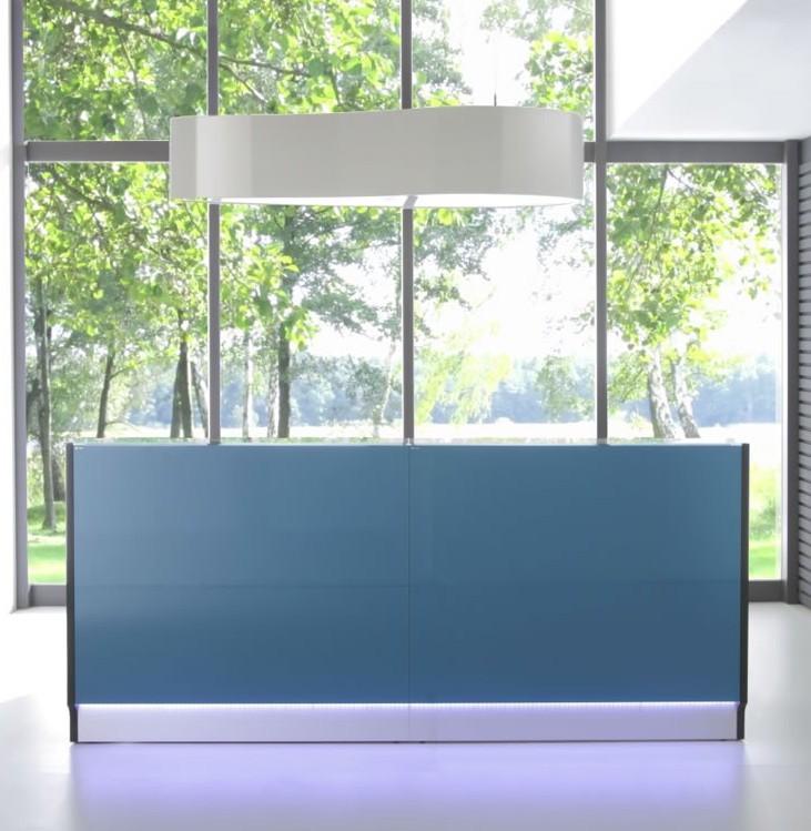 Banque d'accueil droite Linea façade Turquoise  - MDD - Support moniteur, Verre turquoise brillant_2