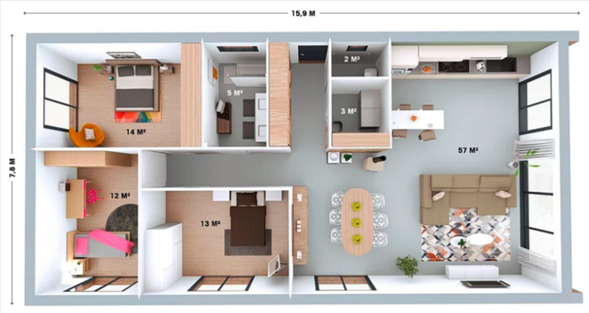 Maison à ossature en bois plain-pied zoom 4 / surface habitable 106 m² / surface brute 124 m² / 4 pièces / toit plat_2