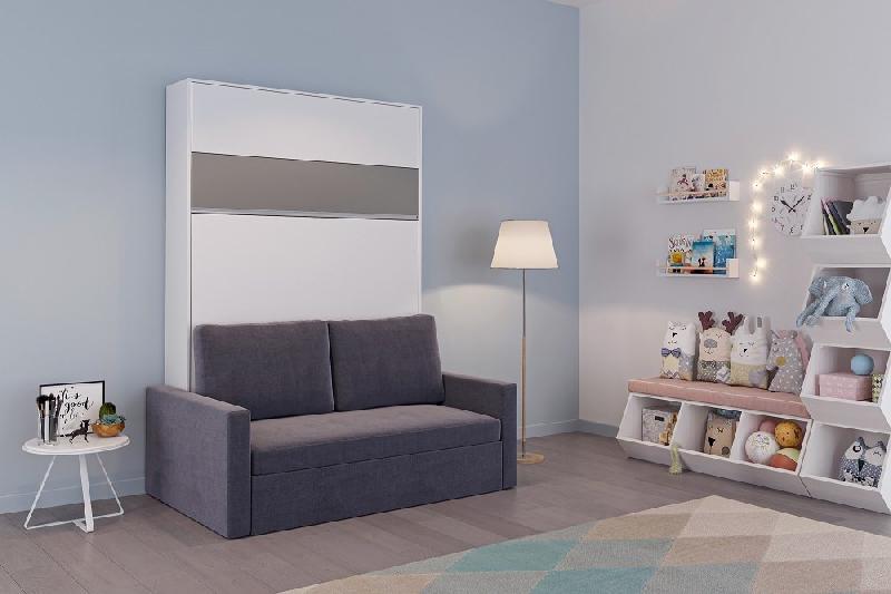 Armoire lit escamotable DJUKE SOFA - Blanc mat avec bandeau gris - Canapé intégré gris 140x200 cm_1