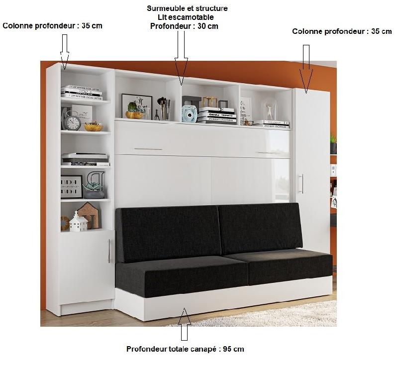 Lit escamotable VERTIGO SOFA blanc brillant - Canapé anthracite - Couchage 160x200 cm - Avec colonnes de rangement_1