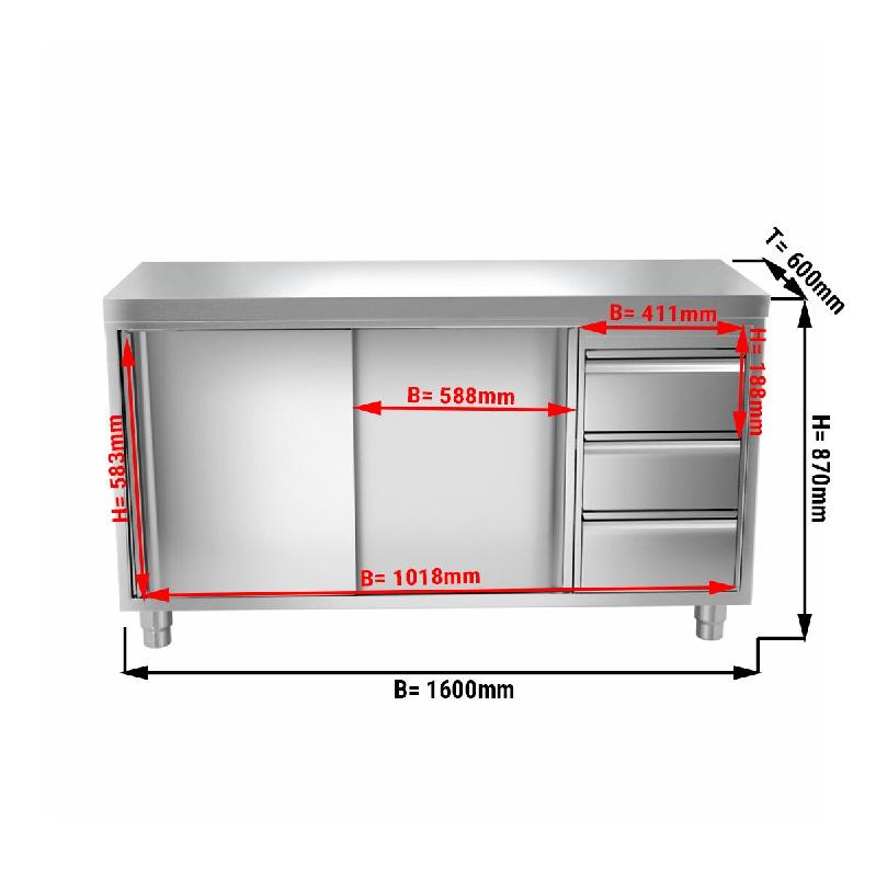 Meuble bas inox cental P 600 mm avec portes et tiroirs - 1600, A droite_1
