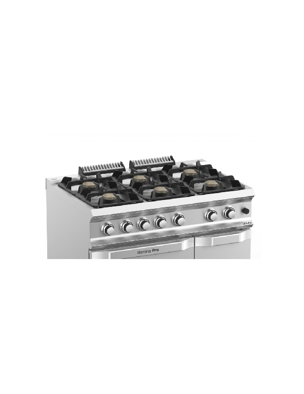 Fourneau 6 feux gaz - 7 kW sur four gaz GN 2/1 et placard - Acier inoxydable, brûleurs en fonte - MBM - DOMINA PRO 700_1