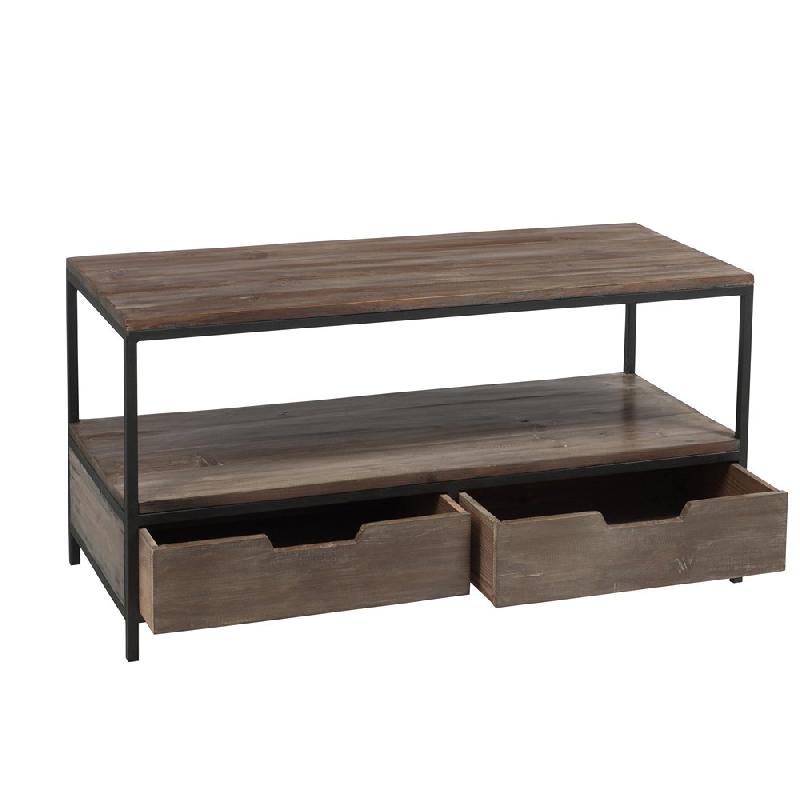 Table basse BAPITA - 2 tiroirs - Bois massif marron foncé et métal noir - Dimensions L120 x H61 x P50 cm_1