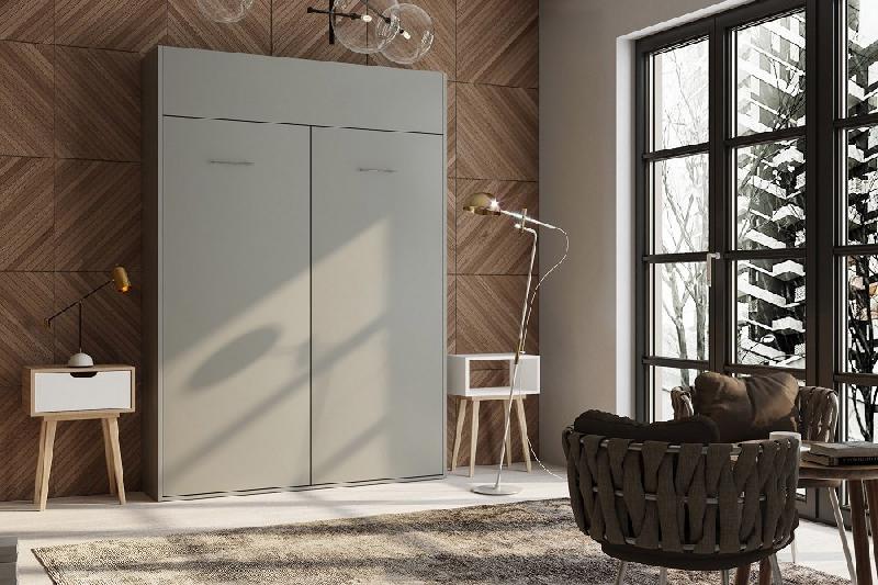 Armoire lit escamotable Dynamo gris mat - Couchage 120x200 cm avec ouverture assistée et sommier à lattes_1