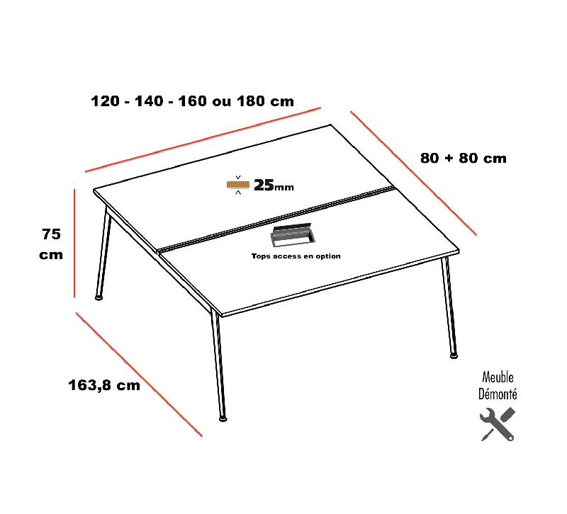 Bureau bench 2 personnes X3 - Officity - 180, Blanc, Béton_2