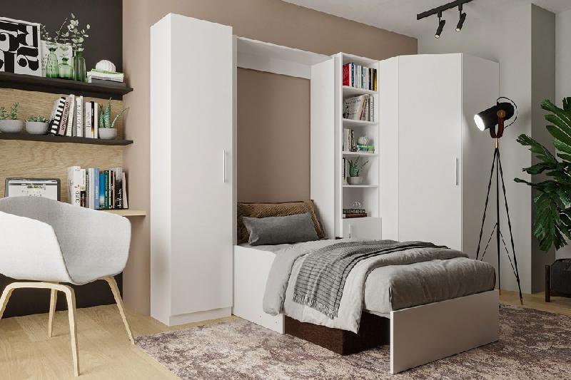 Composition angle lit escamotable Dynamo Sofa - accoudoirs blanc - tissu marron - couchage 90x200 cm - dimensions 305x100 cm_1