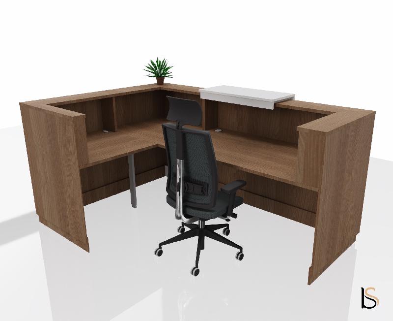 Banque d'accueil d'angle Delta Plus avec réhausse - Mobel Linea - 184, Blanc mat, Droite, Acacia foncé, Oui_2
