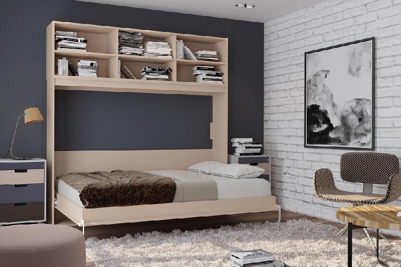 Lit escamotable STRADA-V2 taupe mat avec surmeuble 6 niches - Couchage 140 x 200 cm - Gain de place_1