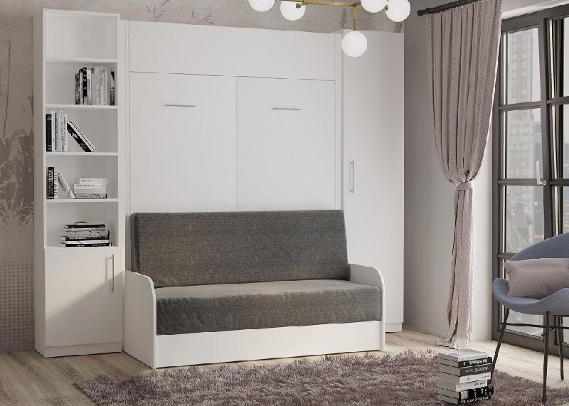 Composition lit escamotable blanc mat Dynamo Sofa - Canapé accoudoirs blanc et gris - Armoire et bibliothèque 140x200 cm_1
