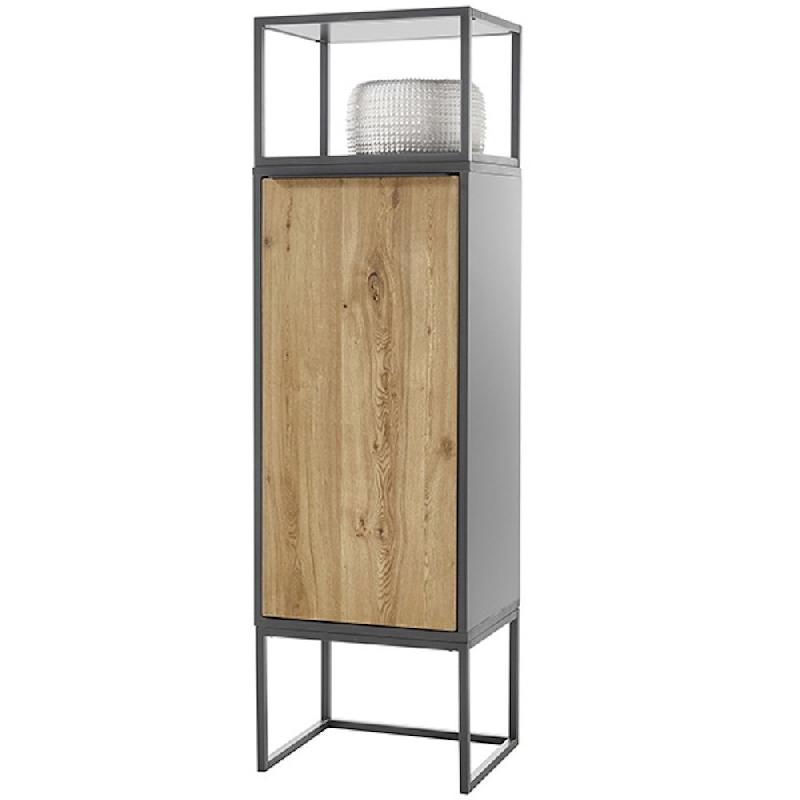 Rangement colonne ABOU - 1 porte push to open - 3 compartiments et 1 niche - Coloris chêne - Pieds métal noir_1