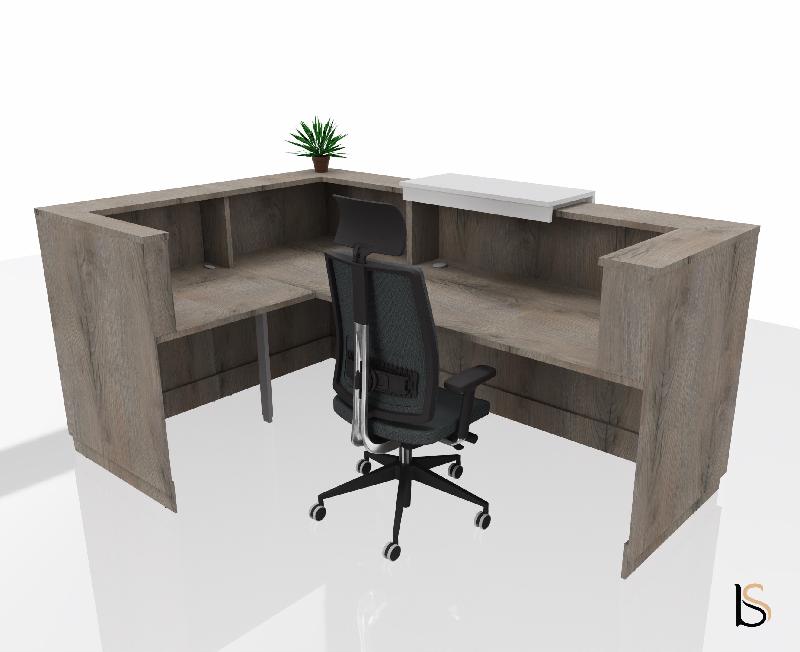 Banque d'accueil d'angle Delta Plus avec réhausse - Mobel Linea - 224, Blanc mat, Droite, Oui, Chêne grisé_1
