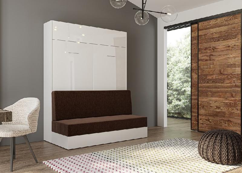 Armoire lit escamotable Dynamo Sofa - Façade blanc brillant effet miroir - Canapé marron - Couchage 140x200 cm_1