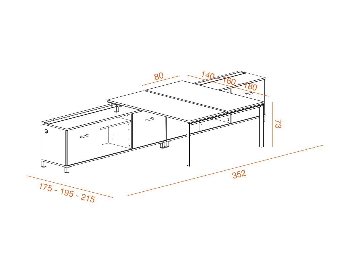 Bureau bench 2 personnes MARKET R - crédences avec passage de câbles et plateaux coulissants_1