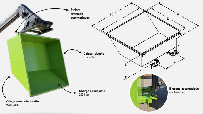 Benne basculante pour chariot télescopique - 675 à 1200L - Sécurités automatiques et options personnalisables_1