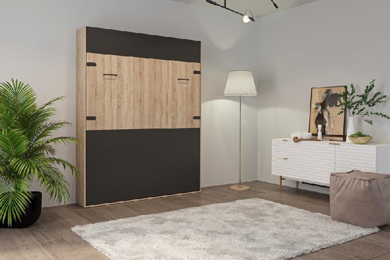 Lit escamotable industriel STUKEY - Chêne avec bandeaux et ferrures noir mat - 160 x 200 cm_1