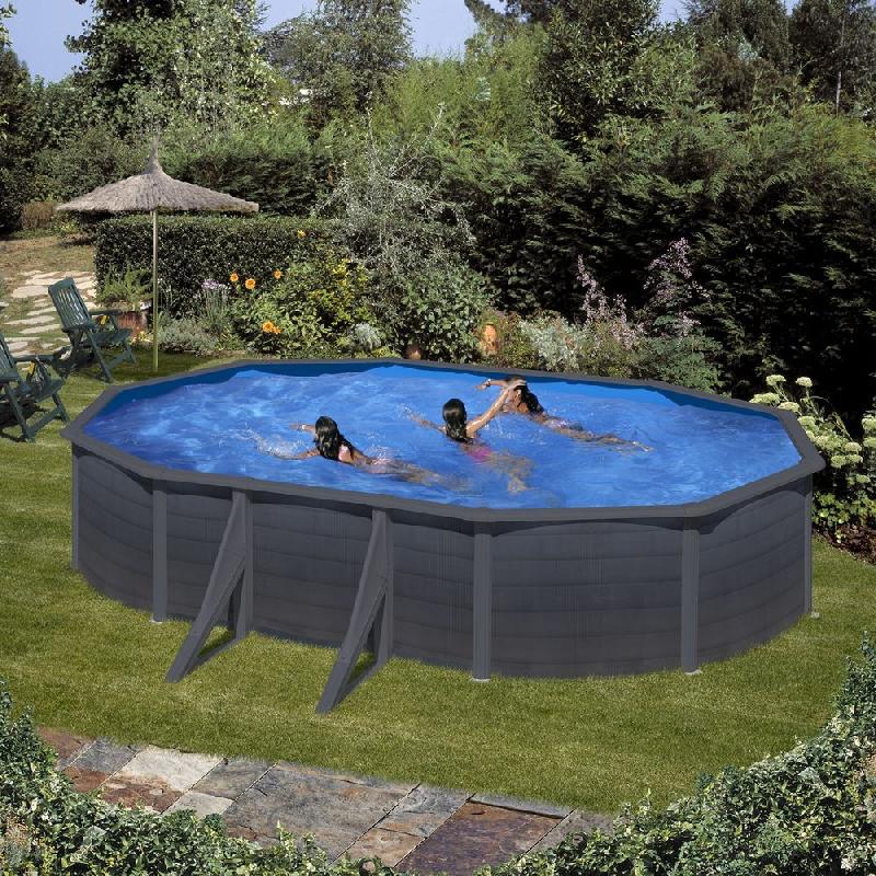 Piscine ovale en acier 6,34m x 3,99m x H: 1,22m - Gris anthracite - Filtration à sable - Renforts apparents_1