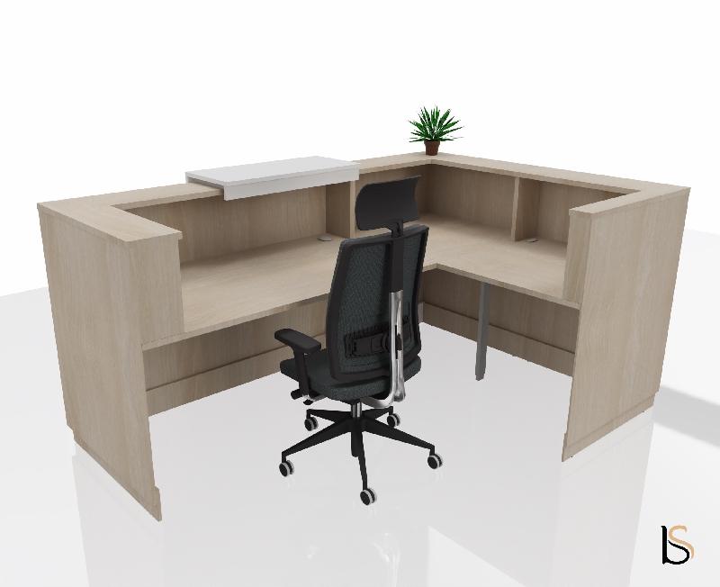 Banque d'accueil d'angle Delta Plus avec réhausse - Mobel Linea - 184, Blanc mat, Gauche, Acacia clair, Oui_1