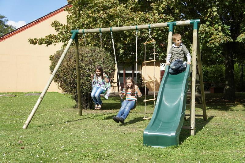 Portique et toboggan de jardin en bois Navajos 330 x 260 x 230 cm - tissu de protection rouge_1