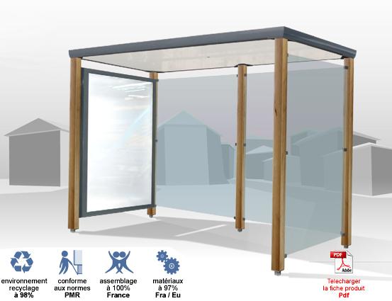 Abri bus Eco-Lythe - structure en bois, bardage en verre sécurit, banquette - 300 x 150 cm_1