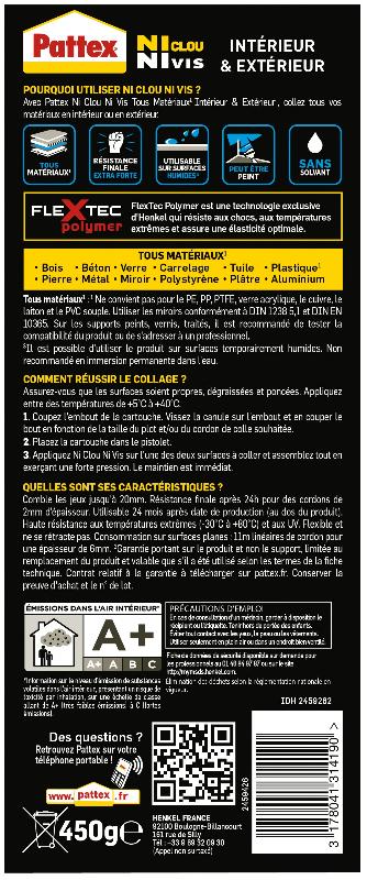 Colle de fixation PATTEX Ni Clou Ni Vis - 450g blanc - repositionnable, résistante UV et chaleur_1