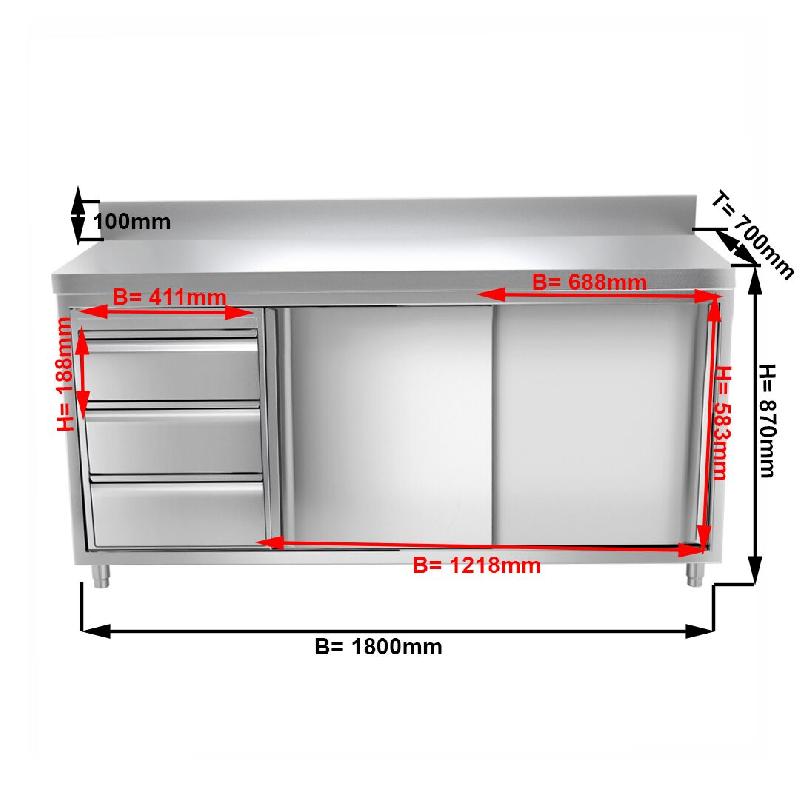 Meuble bas inox adossé P 700 mm avec portes et tiroirs - 1800_1