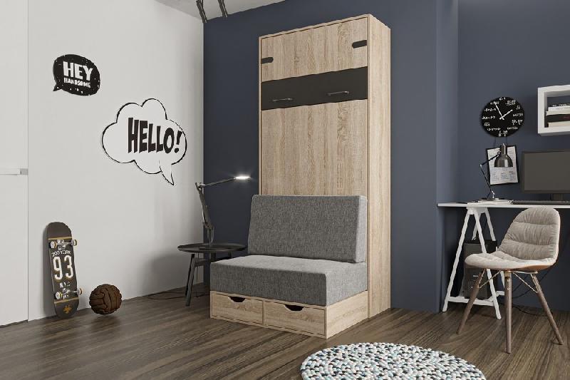 Lit escamotable style industriel KEY SOFA - Chêne naturel - 90x200 cm avec canapé et tiroirs de rangement_1
