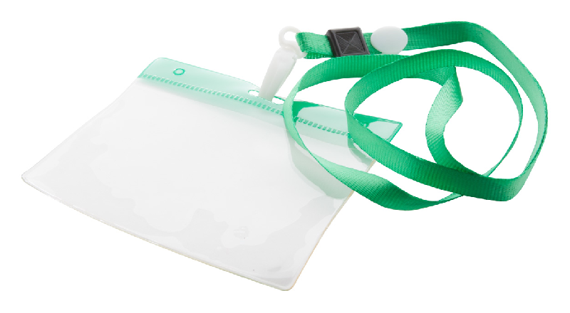 Tour de cou en polyester - mousqueton en plastique - pochette pour badge en PVC - couleur verte_1