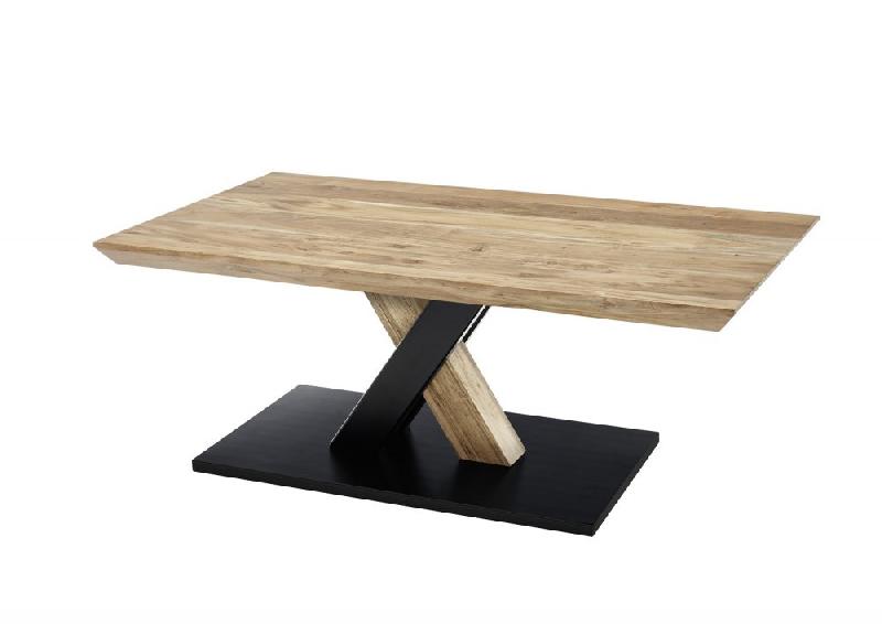 Table basse design Maverick - chêne sauvage acacia, piétement bicolor noir mat/acacia, roulettes intégrées_1