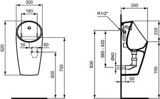 Urinoir Maxi Smart - Idéal Standard - Hybride à pile - Sphero - 620x300x300 mm - P012401_1