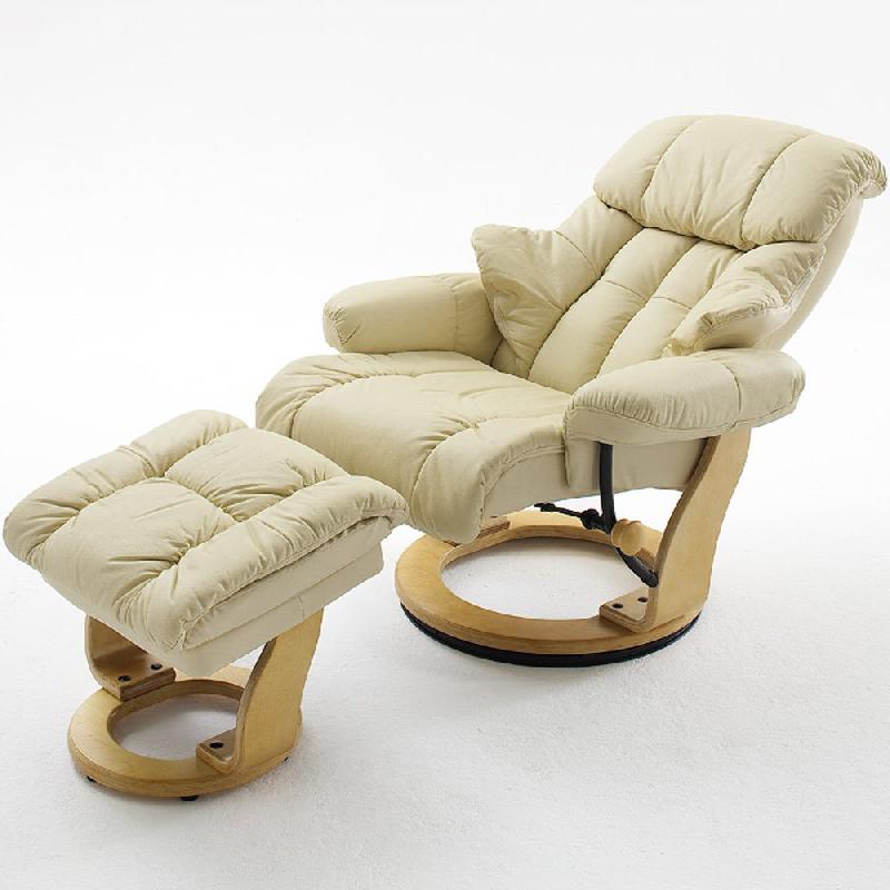 Fauteuil relax CLAIRAC - assise en cuir crème, pied en bois naturel, inclinable à 135° avec repose-pied_1