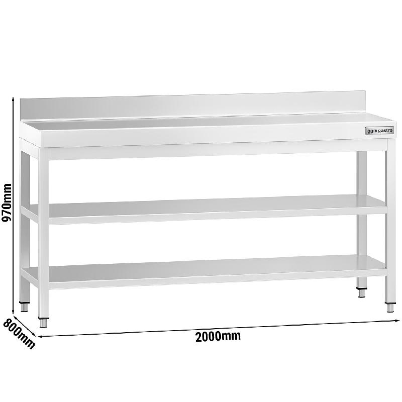 Table Inox de travail Premium avec Dosseret et 2 Étagères - Profondeur 800 mm - 2000_1