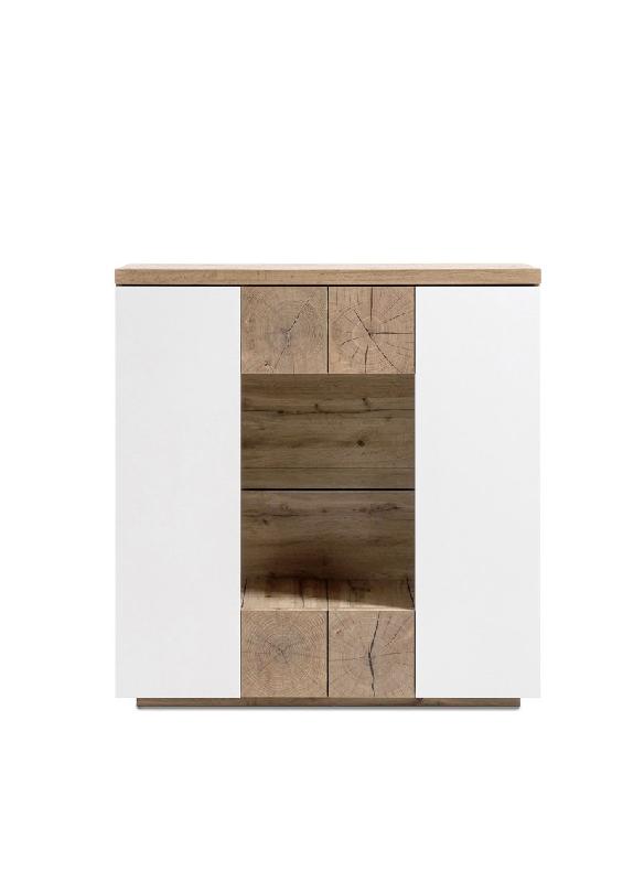 Buffet haut Herning 114 cm - laqué blanc mat et décor chêne noueux - 2 portes, 2 tiroirs, niche décorative_1