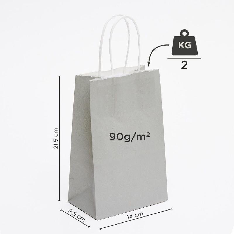 Sac kraft gris poignées torsadées 14x8,5x21,5cm - par 50 - papier kraft naturel 90gr/m², supporte jusqu'à 2kg_1