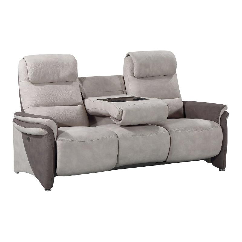 Canapé relax électrique 3 places ZILIA - Microfibre mastic et brun taupé avec têtières ajustables et tablette centrale_1