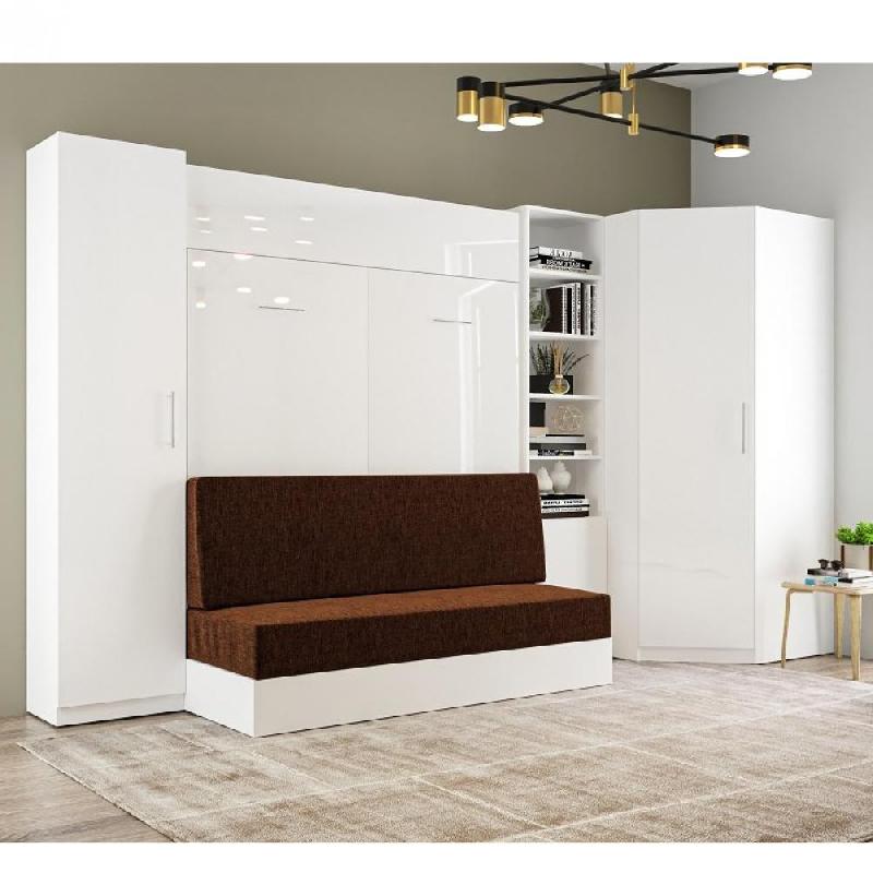 Composition lit escamotable Dynamo Sofa - Façade blanc brillant effet miroir - Canapé marron 3 places - Couchage 160x200 cm - Dimensions 371x100 cm_1