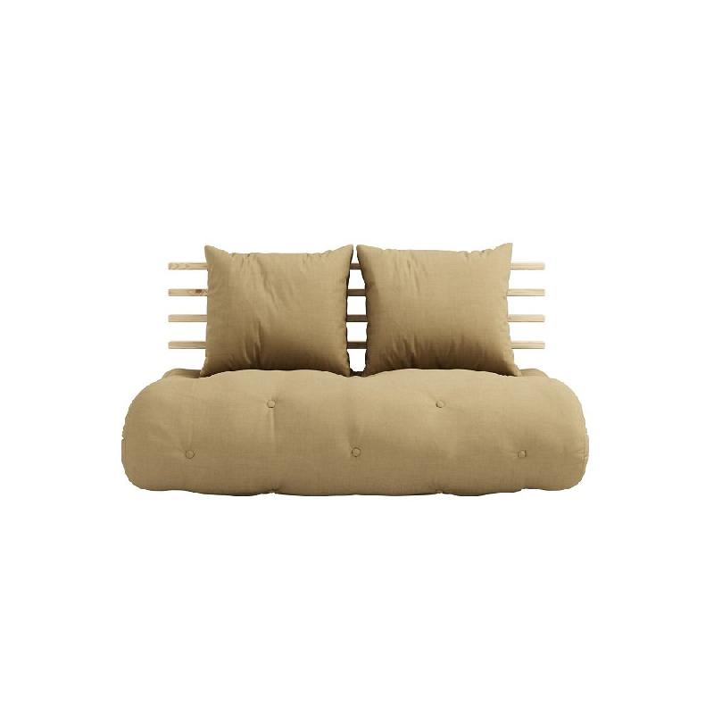 Canapé lit futon Shin Sano beige blé en pin massif - Couchage 140x200 cm avec matelas capitonné et coussins inclus_1