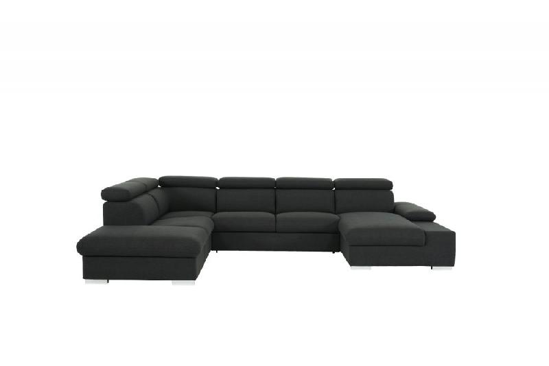 Canapé d'angle convertible panoramique angle droit Panama - tissu gris anthracite avec méridienne réversible et lit gigogne 140x200 cm_1