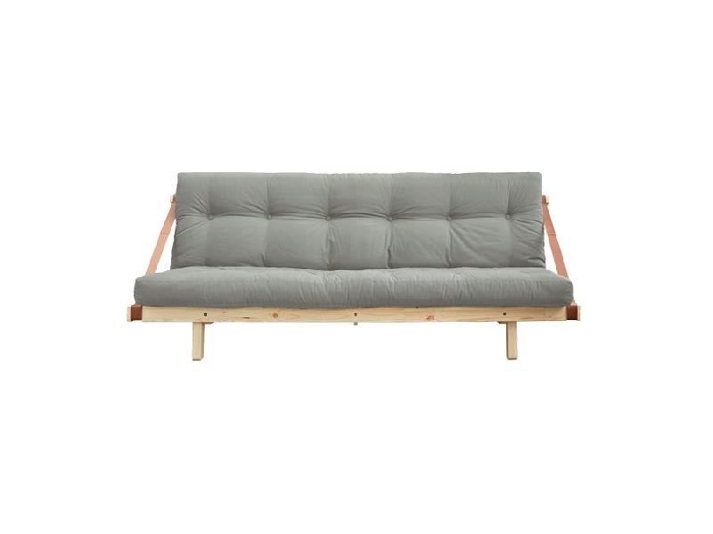 Banquette futon JUMP en pin massif - Coloris gris - Couchage 130x190 cm - Design minimaliste et lanières en cuir_1